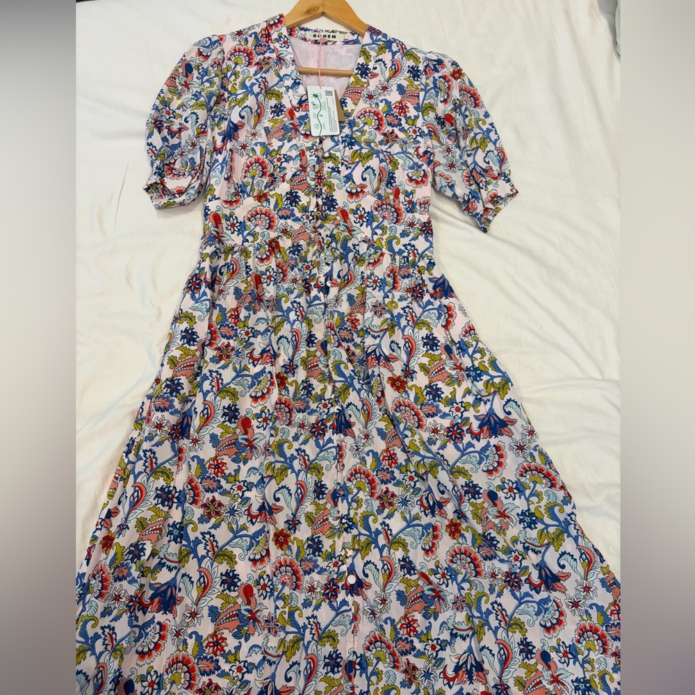 Boden Pink Floral V-Neck Dress with Multicolor Print